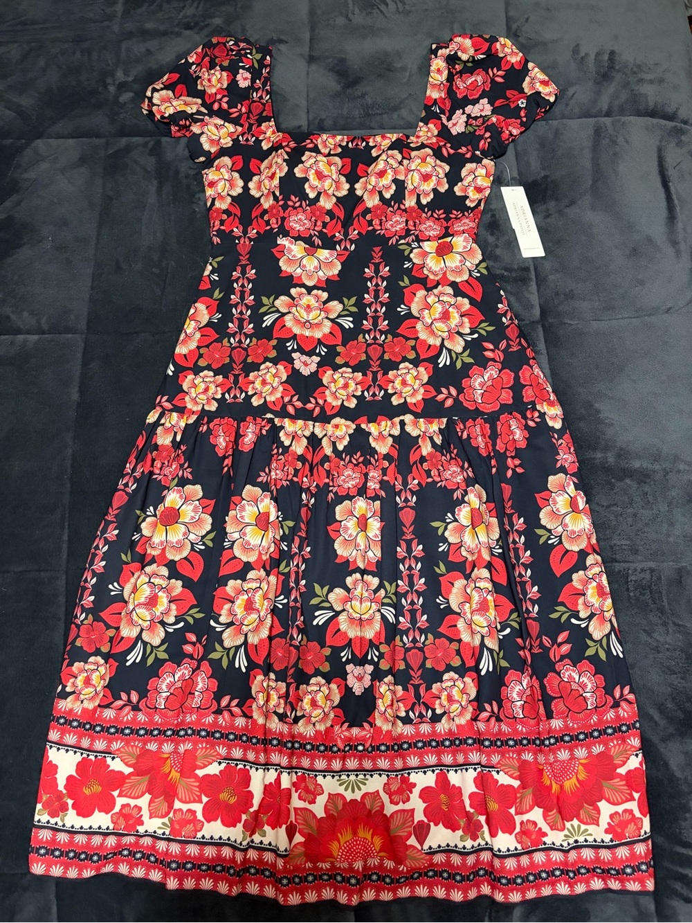 Adrianna Papell Red Floral Print Puff Sleeve Midi Dress - 14 - Picture 2 of 16